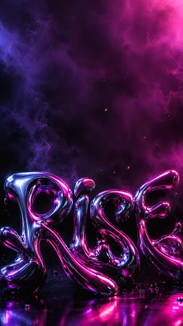Shiny molten liquid chrome letters spelling the word RISE reflecting vibrant purple and pink neon light amidst atmospheric smoke.