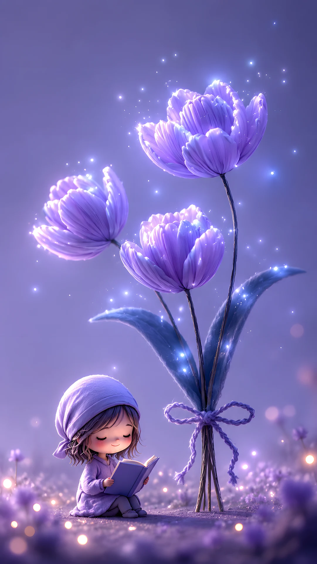Little Girl Reading Book Beside Glowing Purple Tulips - Free 4K mobile Wallpaper