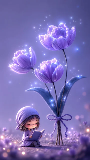 3D cute stylized little girl sitting on ground reading book next to three oversized glowing purple tulips with sparkles.