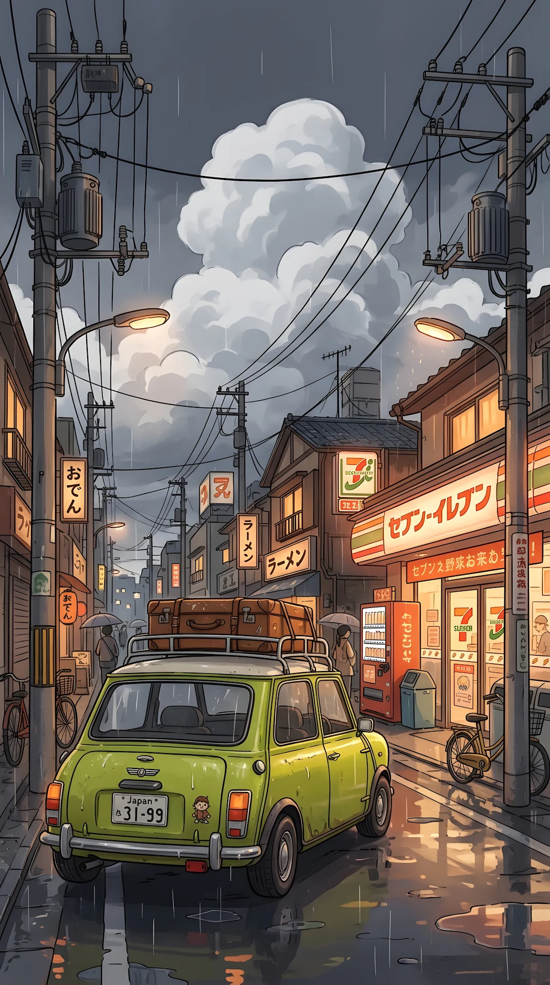 Lofi Illustration of a Green Mini Cooper in a Japanese Street - Free 4K mobile Wallpaper