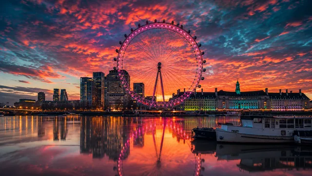 London Eye illuminated in pink, reflecting on the calm River Thames under an orange and purple sunset sky.
