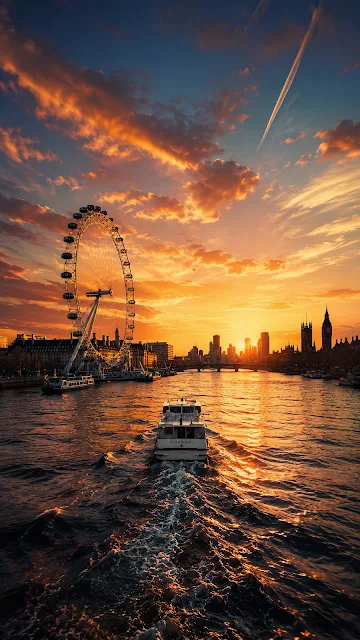 A boat travels along the River Thames at sunset with the London Eye on the left and Big Ben silhouetted under an orange sky.