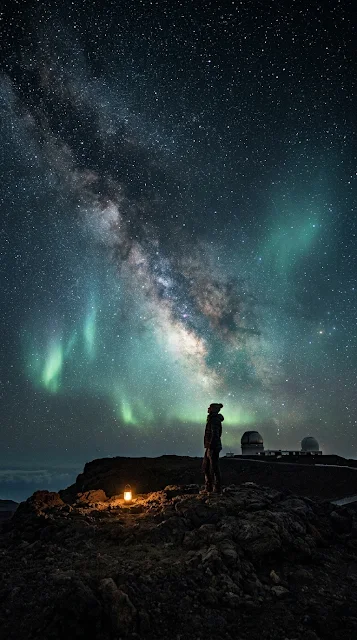 Lone Astronomer on Volcanic Plateau with Aurora Wallpaper - Free 4K & 8K mobile Wallpaper
