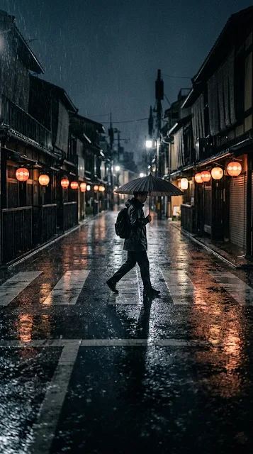 Lone Figure in Kyoto Intersection Rain Wallpaper - Free 4K & 8K mobile Wallpaper