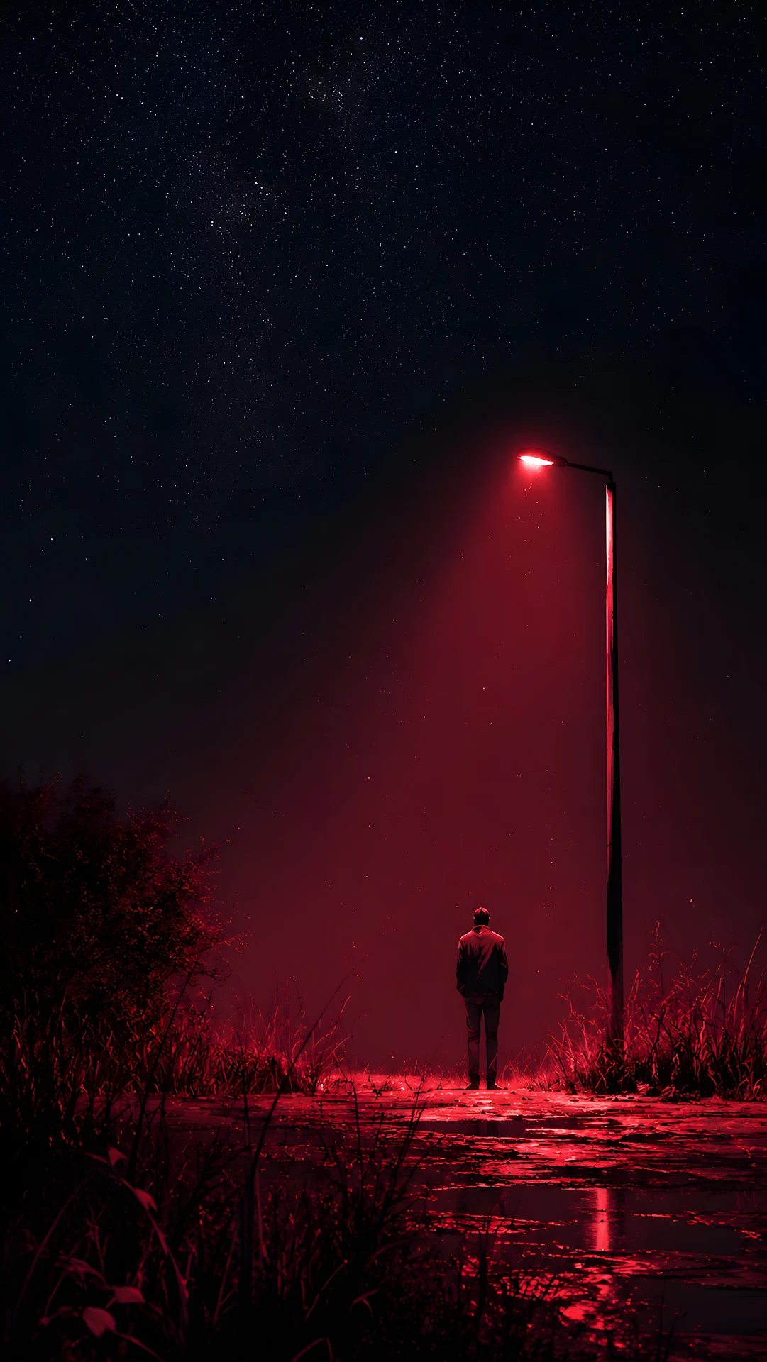Lone figure standing under red streetlamp against starry night sky - Free 4K mobile Wallpaper
