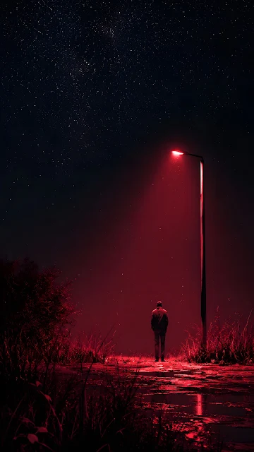 Silhouetted person standing beneath a red streetlight casting crimson light over wet ground under a starry night sky.