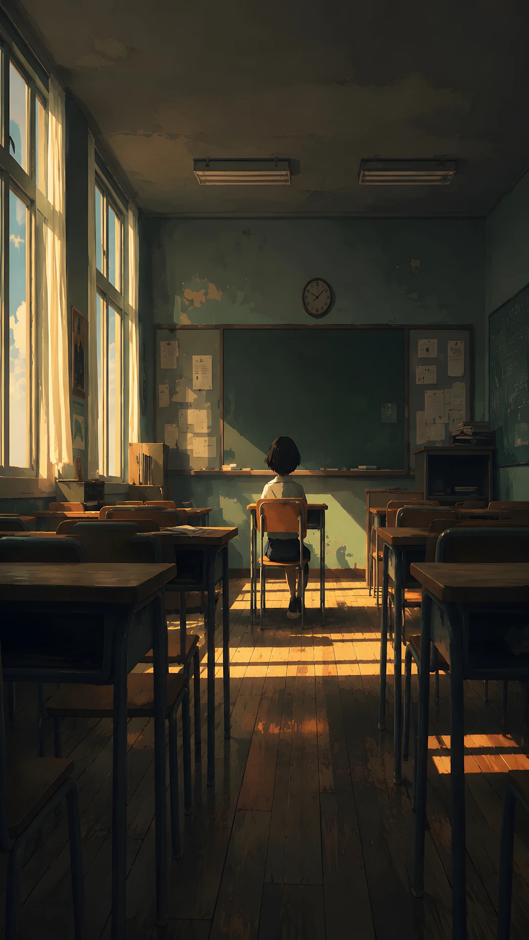 Lone student seated in an empty classroom illuminated by sunset - Free 4K mobile Wallpaper