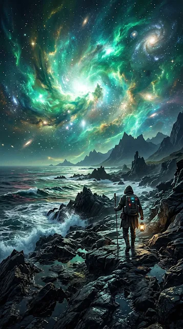 Lone Traveler on Alien Ocean Shore Under Swirling Cosmic Sky - Free 4K & 8K mobile Wallpaper