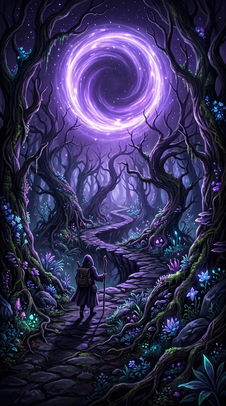 Lone Traveler Approaching Shimmering Violet Portal in Enchanted Woods - Free 8K and 4K mobile Wallpaper Background