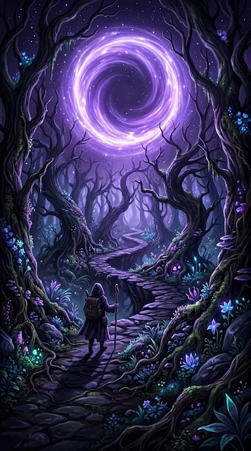 Lone Traveler Approaching Shimmering Violet Portal in Enchanted Woods - Free 4K & 8K mobile Wallpaper