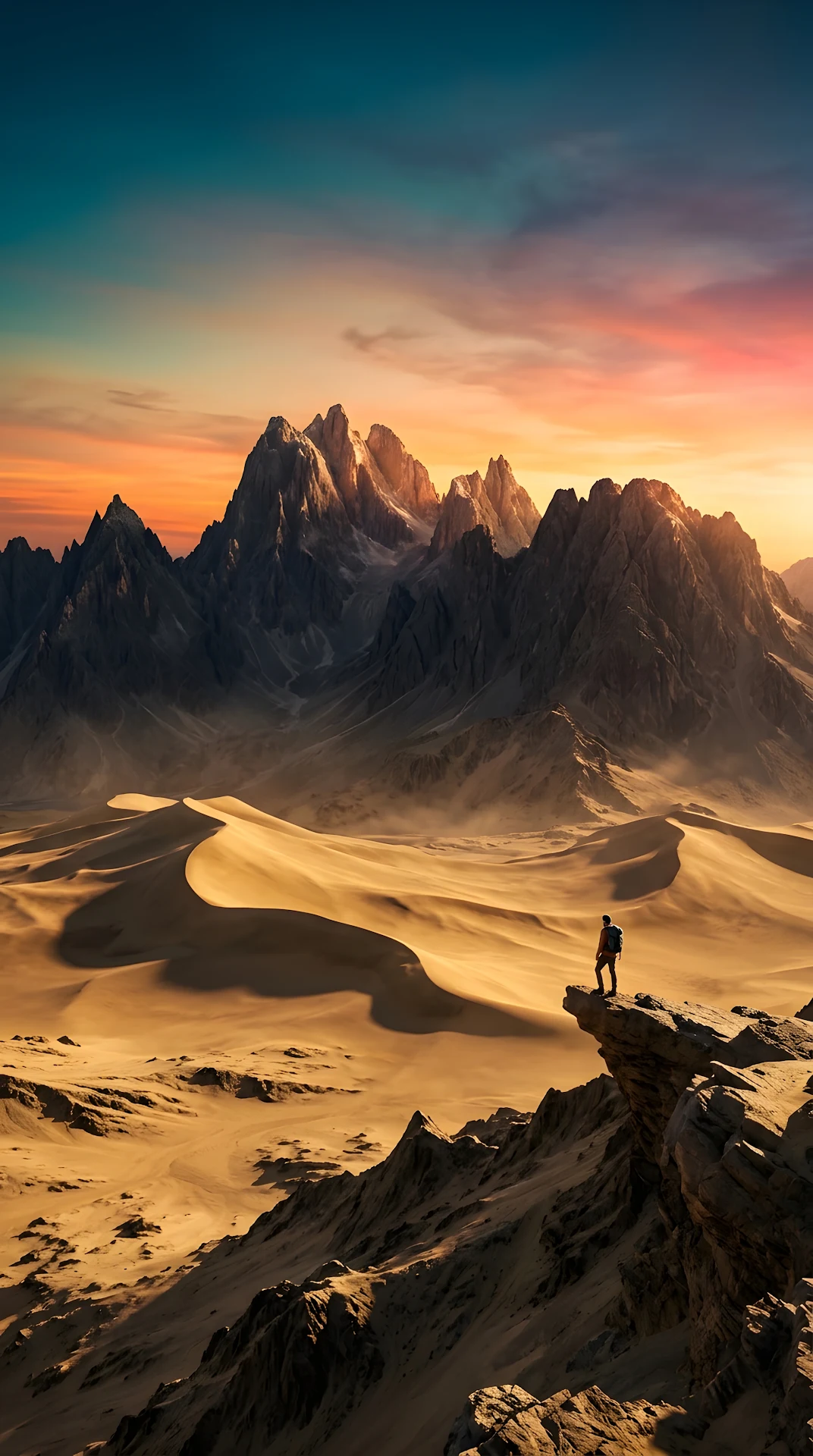 Lone Traveler in a Vast Desert with Jagged Mountains and Sunset Sky - Free 4K mobile Wallpaper