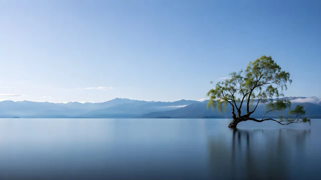 A lone willow tree growing out of the calm water of a lake with misty blue mountains in the background under a soft blue sky.