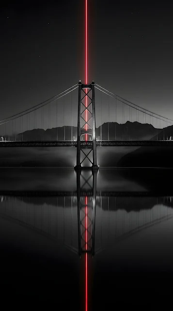 Long Exposure of a Bridge with a Sharp Red Light Beam and Water Reflection - Free mobile Wallpaper