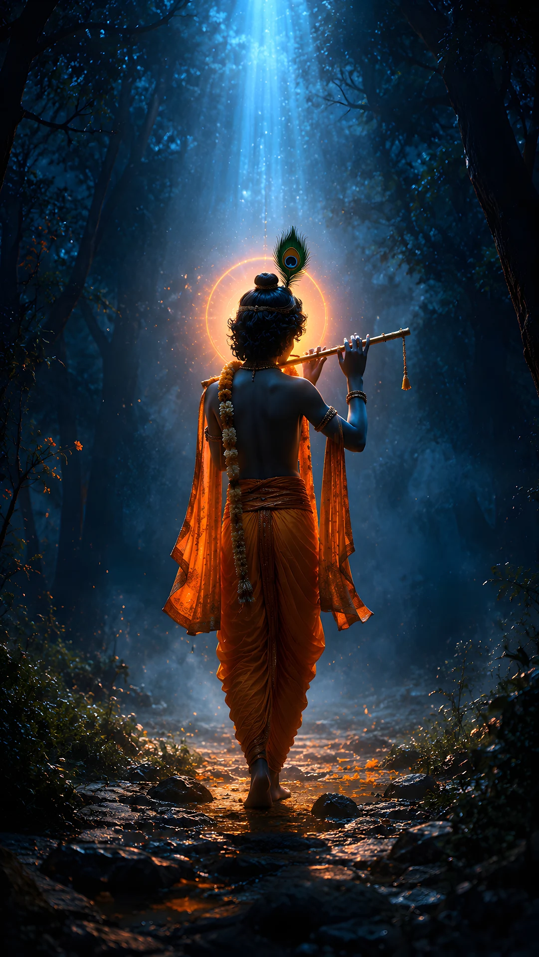 Lord Krishna playing flute in a dark misty forest with halo - Free 4K mobile Wallpaper