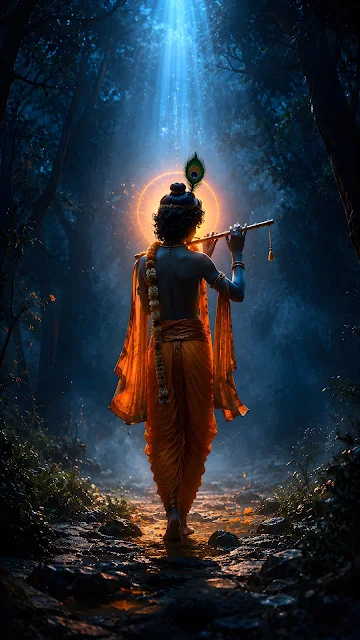 A back-view photo of a dark-skinned divine figure playing a flute, framed by a glowing circular halo, standing in a misty forest at night.