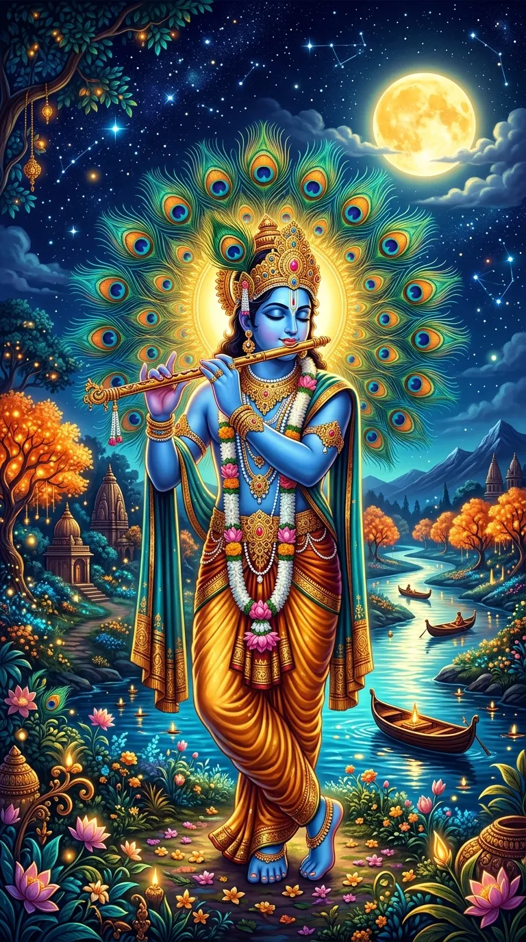 Download Lord Krishna Playing Flute with Peacock Feathers Under the Moon Wallpaper in 4K UHD Lord Krishna Playing Flute with Peacock Feathers Under the Moon - Free 8K and 4K mobile Wallpaper Background