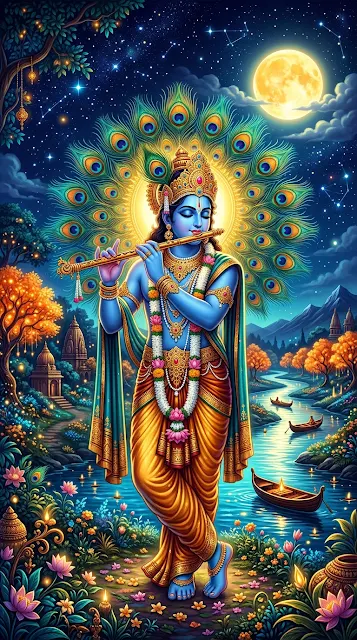 Lord Krishna Playing Flute with Peacock Feathers Under the Moon - Free 4K & 8K mobile Wallpaper