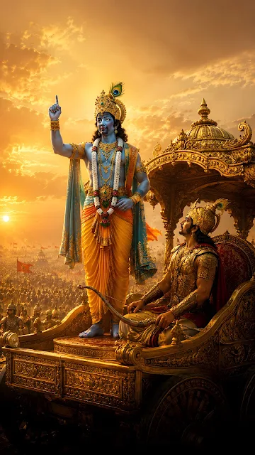 An epic cinematic render of Lord Krishna speaking to Arjuna on a golden chariot in the midst of the vast Kurukshetra war.