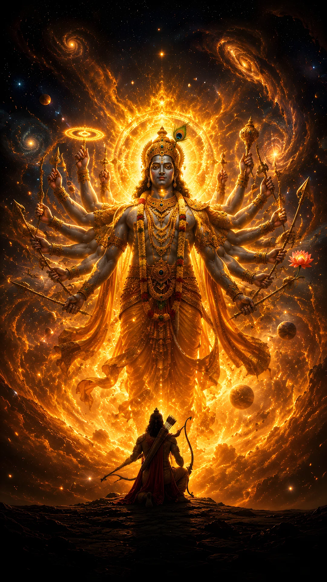 Lord Krishna Revealing His Multi-Armed Cosmic Form to Arjuna Wallpaper - Free 4K mobile Wallpaper