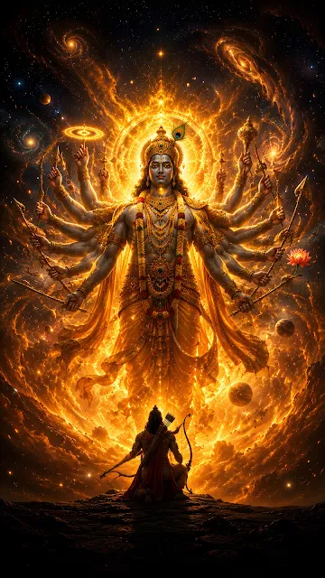 An epic 3D render of Lord Krishna revealing his giant, multi-armed fiery golden cosmic form to Arjuna on the battlefield.
