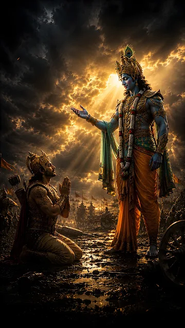 A majestic cinematic 3D render of Lord Krishna standing with Arjuna kneeling in reverence on a mystical battlefield under stormy, golden light skies.