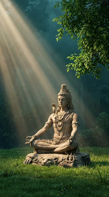 Lord Shiva Meditating Under Green Tree Canopy with Sunbeams - Free 4K & 8K mobile Wallpaper