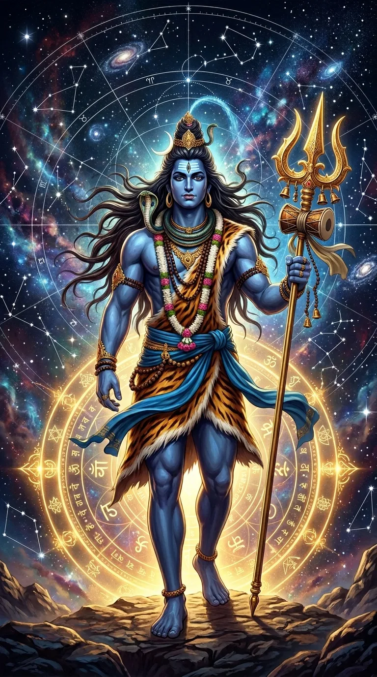 Download Lord Shiva Standing with Trident Against a Celestial Constellation Sky Wallpaper in 4K UHD Lord Shiva Standing with Trident Against a Celestial Constellation Sky - Free 8K and 4K mobile Wallpaper Background