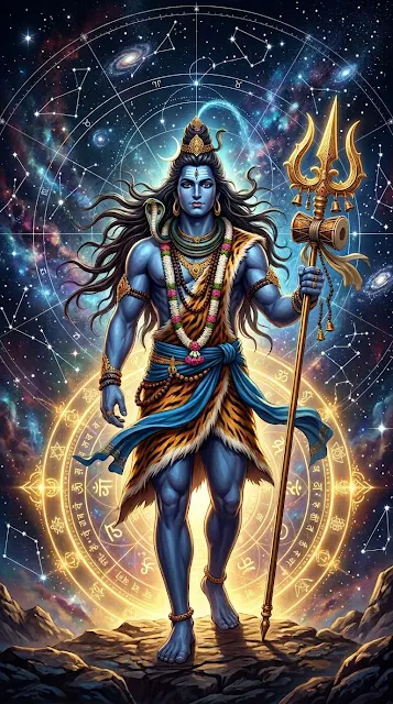 Lord Shiva Standing with Trident Against a Celestial Constellation Sky - Free 4K & 8K mobile Wallpaper