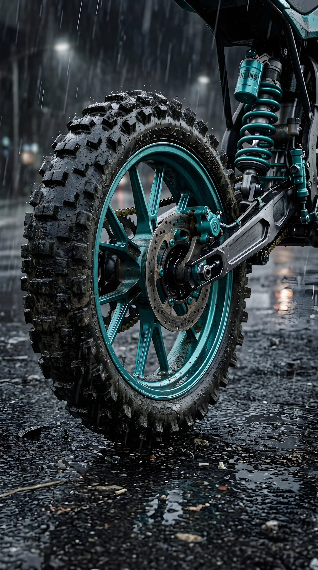 Low Angle Close-Up of Teal Custom Motorcycle Rear Wheel in Rain - Free 4K mobile Wallpaper