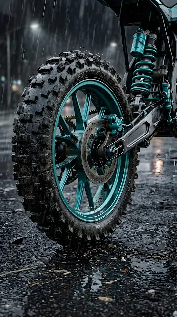 Low Angle Close-Up of Teal Custom Motorcycle Rear Wheel in Rain - Free mobile Wallpaper