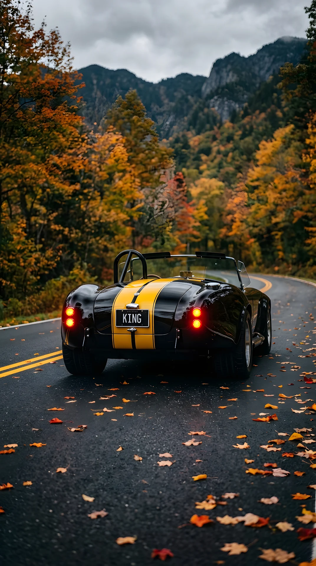 Low Angle Rear View of a Black Sports Car with Yellow Racing Stripes on an Autumn Road - Free 4K mobile Wallpaper