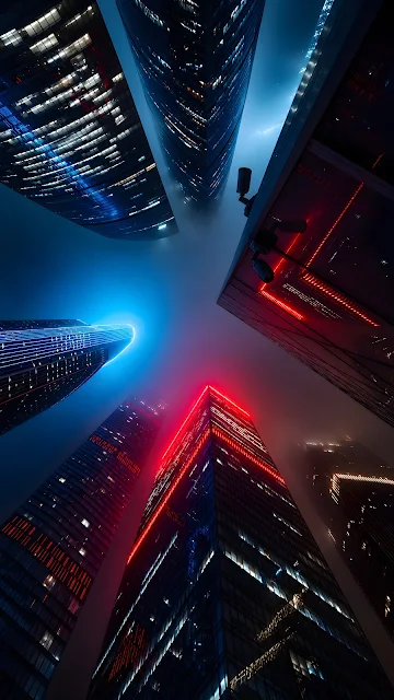 Dramatic upward perspective looking straight up at towering dark glass skyscrapers illuminated by bright blue and red neon lights in foggy night sky.