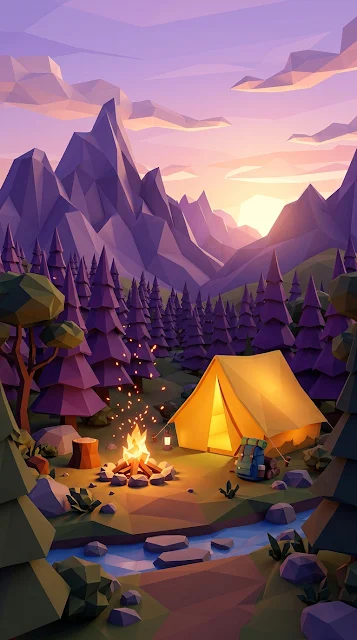 Low Poly Camping Scene with Tent, Campfire, and Sunset Mountains - Free 4K & 8K mobile Wallpaper