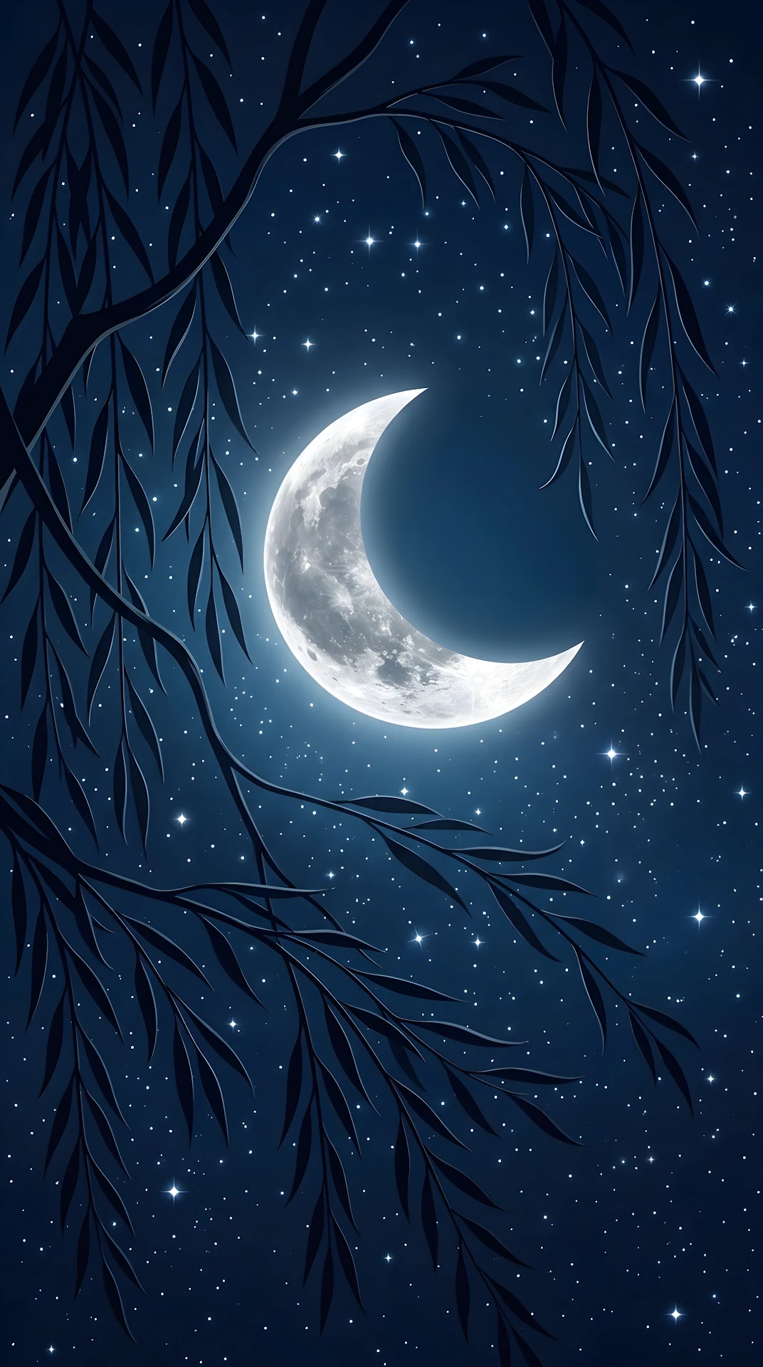 Luminous Crescent Moon Framed by Willow Branches at Night - Free 4K mobile Wallpaper