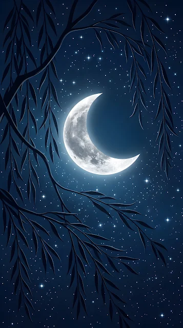 Luminous Crescent Moon Framed by Willow Branches at Night - Free mobile Wallpaper