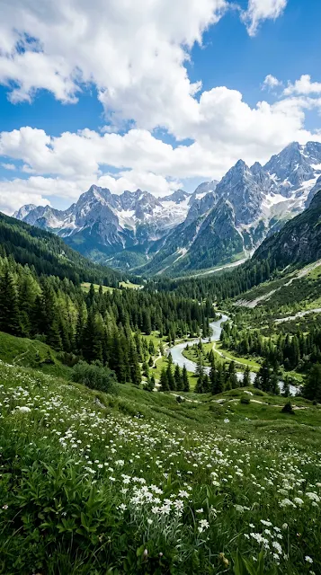 Lush Green Alpine Mountain Valley under Sky and Clouds - Free 4K & 8K mobile Wallpaper