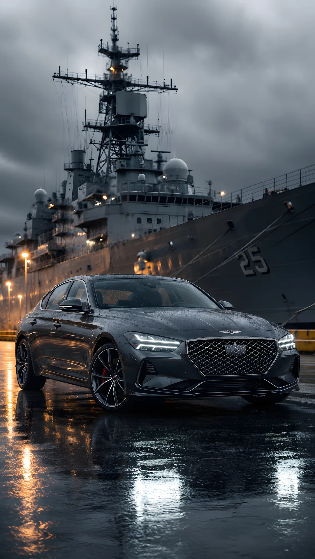 Luxury dark grey sedan parked at naval shipyard docks under rainy sky - Free 4K mobile Wallpaper