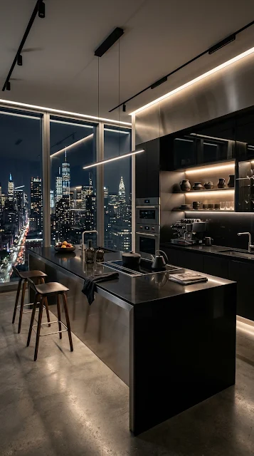 Luxury Penthouse Kitchen Midnight City View Wallpaper - Free 4K & 8K mobile Wallpaper