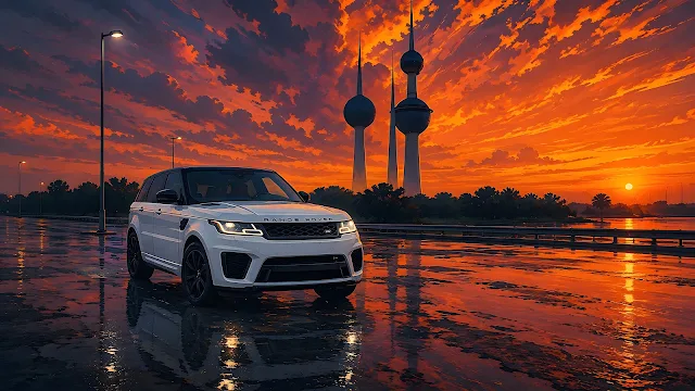 White modern luxury SUV parked on wet asphalt reflecting a fiery golden orange sunset and city towers.