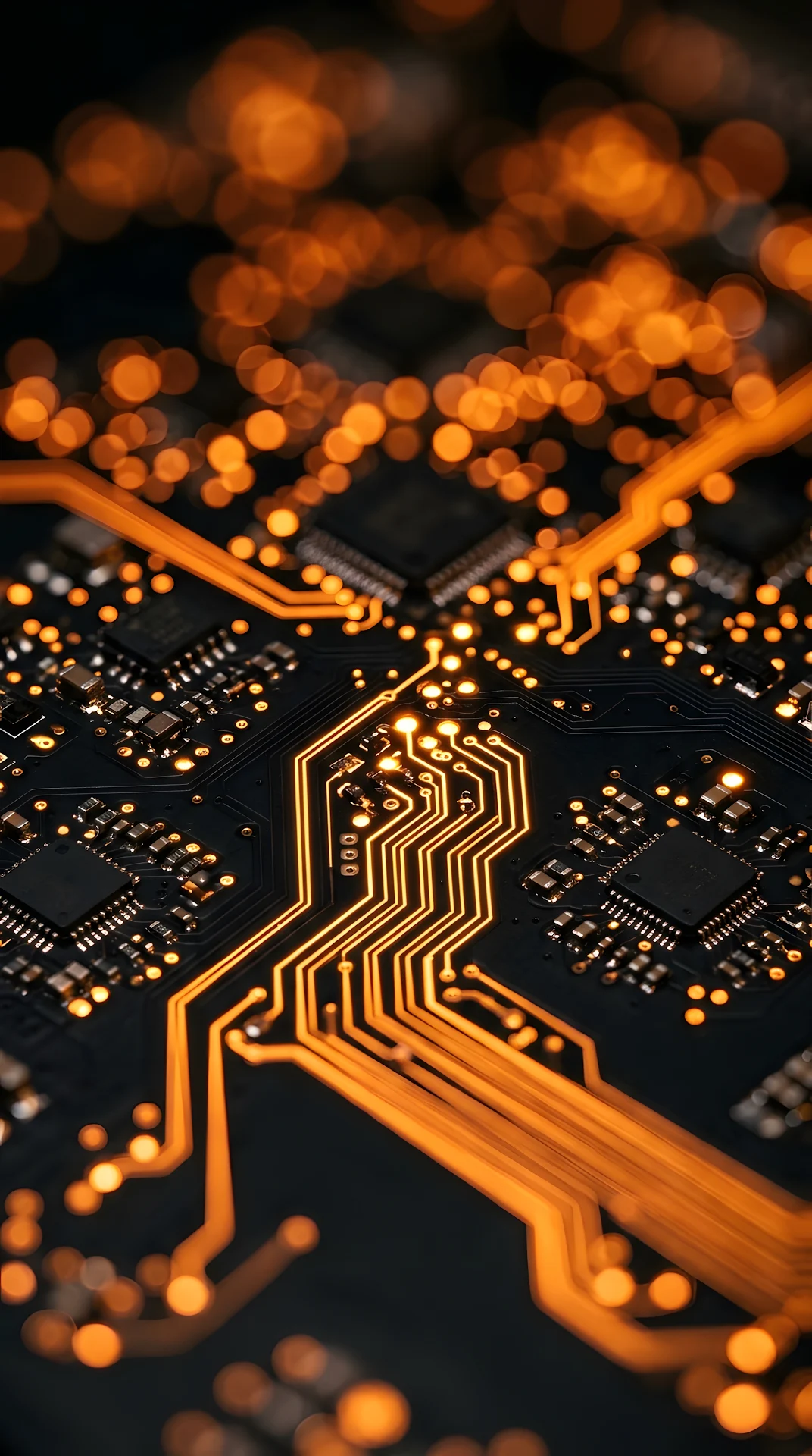 Macro Circuit Board with Glowing Orange Nodes - Free 4K mobile Wallpaper