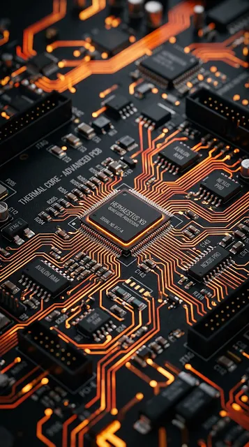 Macro Circuit Board with Glowing Orange Energy Pathways - Free 4K & 8K mobile Wallpaper
