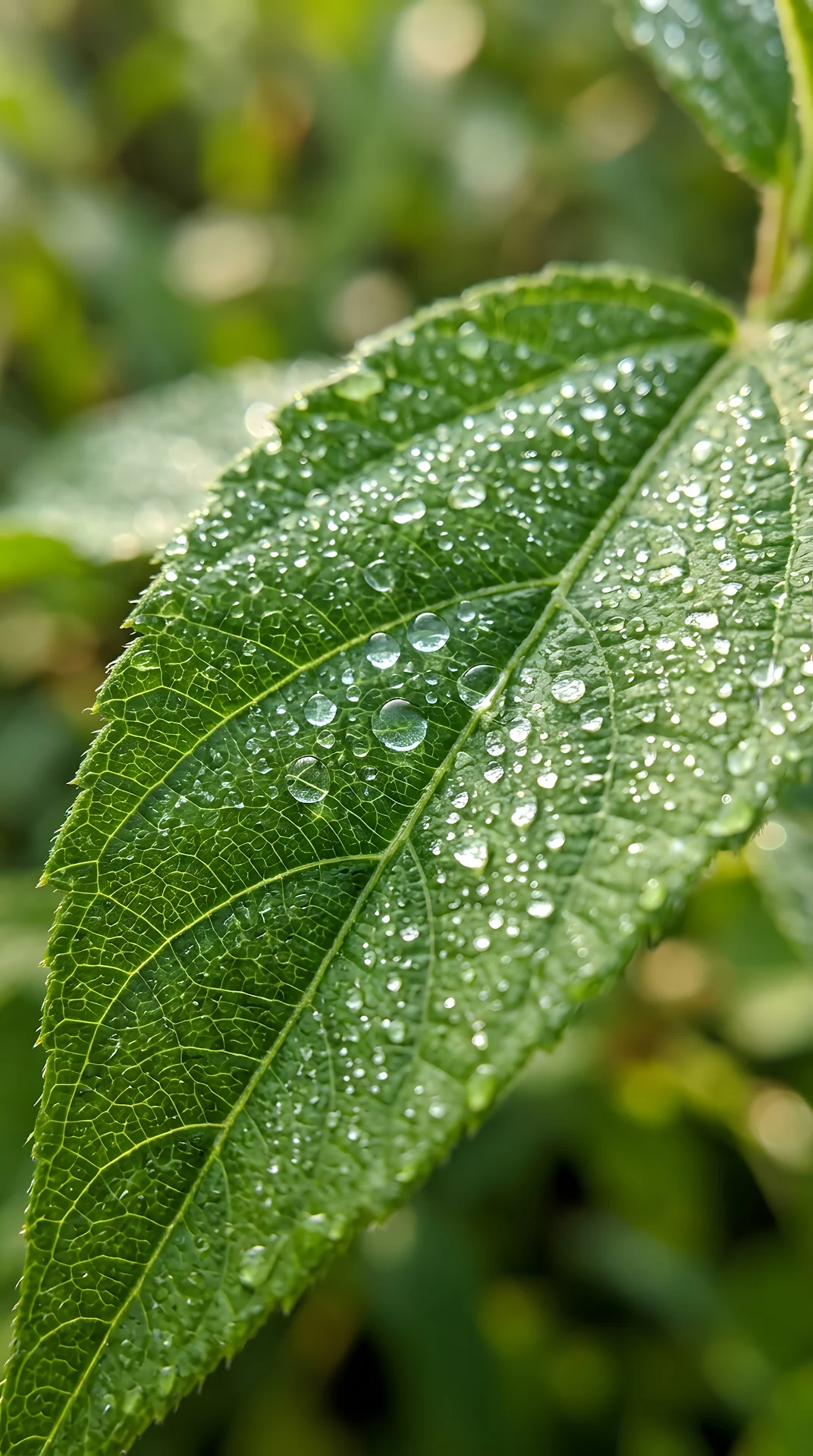 Macro Close-up of Green Leaf with Fresh Water Droplets - Free 4K mobile Wallpaper