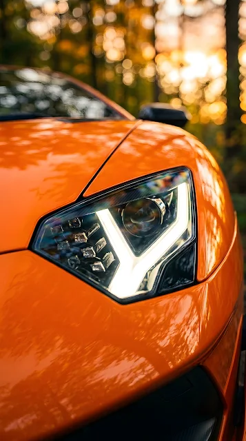 Macro Close-up of an Orange Supercar Headlight with Sunset Reflections - Free mobile Wallpaper
