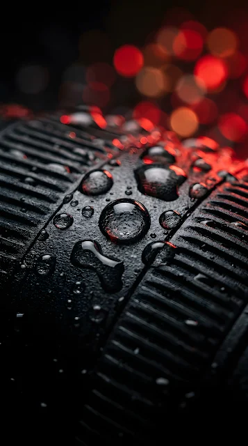 Macro Close-up of Water Beads on Black Ribbed Texture - Free mobile Wallpaper