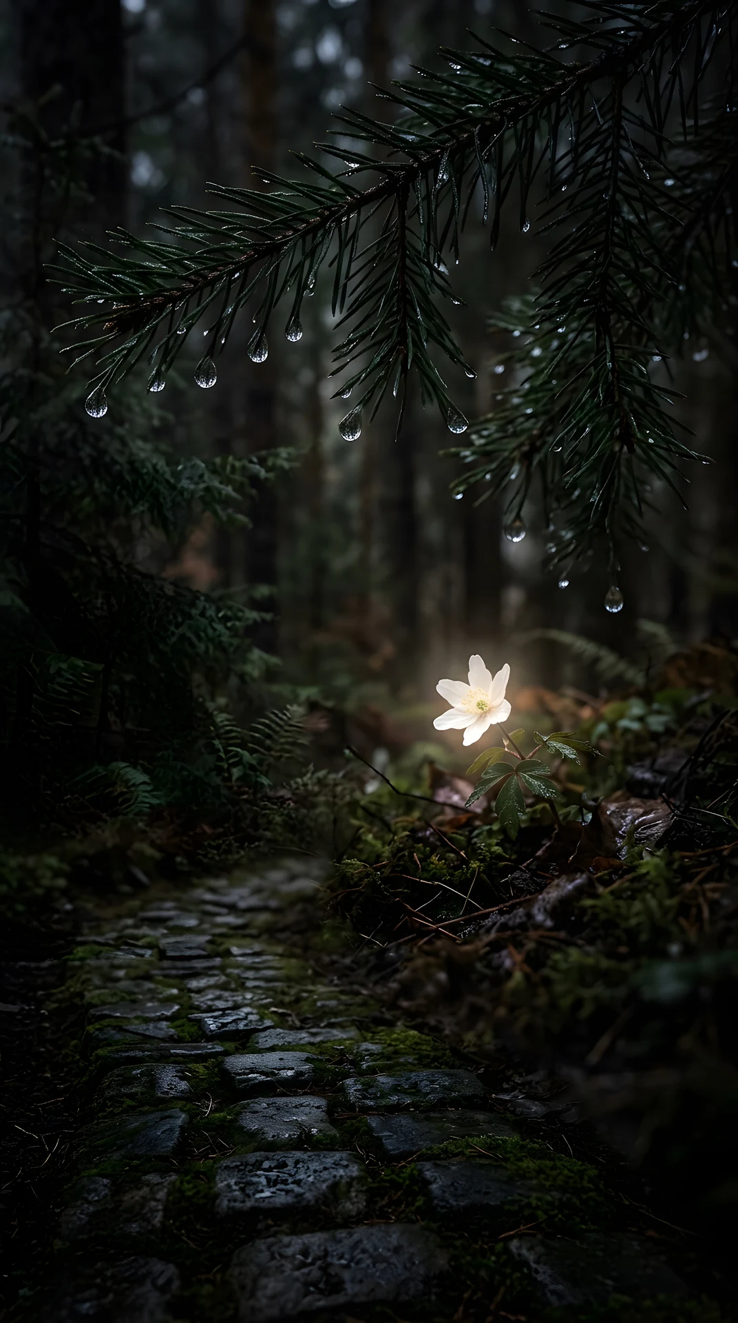 Macro Photo of a Lone White Flower Under Dark Foliage with Raindrops - Free 4K mobile Wallpaper