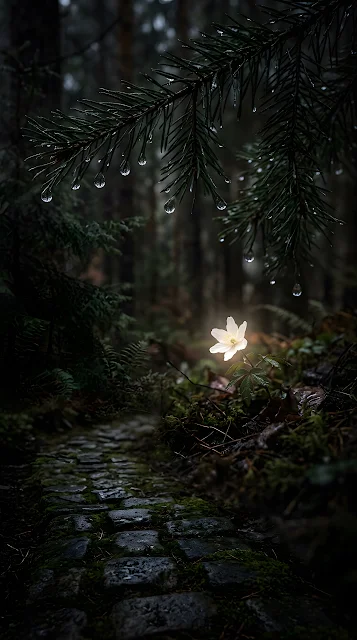 Macro Photo of a Lone White Flower Under Dark Foliage with Raindrops - Free mobile Wallpaper
