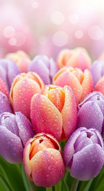 Macro Photograph of Pastel Tulips Covered in Glistening Water Droplets - Free mobile Wallpaper