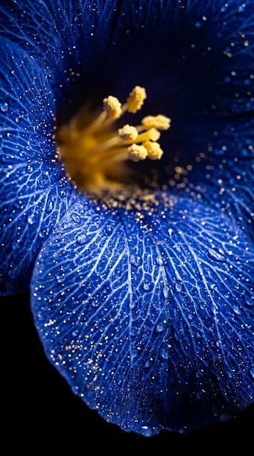 Macro Photography of a Blue Flower with Water Droplets and Gold Speckles - Free 4K & 8K mobile Wallpaper