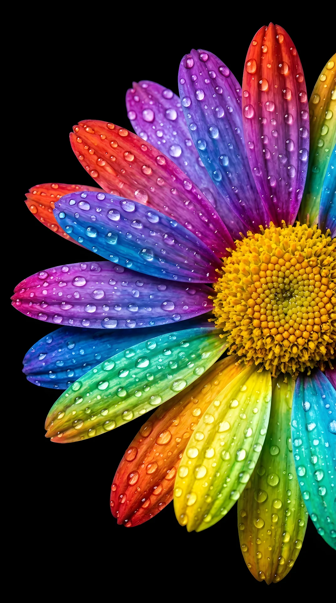 Macro Photography of a Rainbow-Petaled Daisy with Crystal Water Droplets - Free 4K mobile Wallpaper