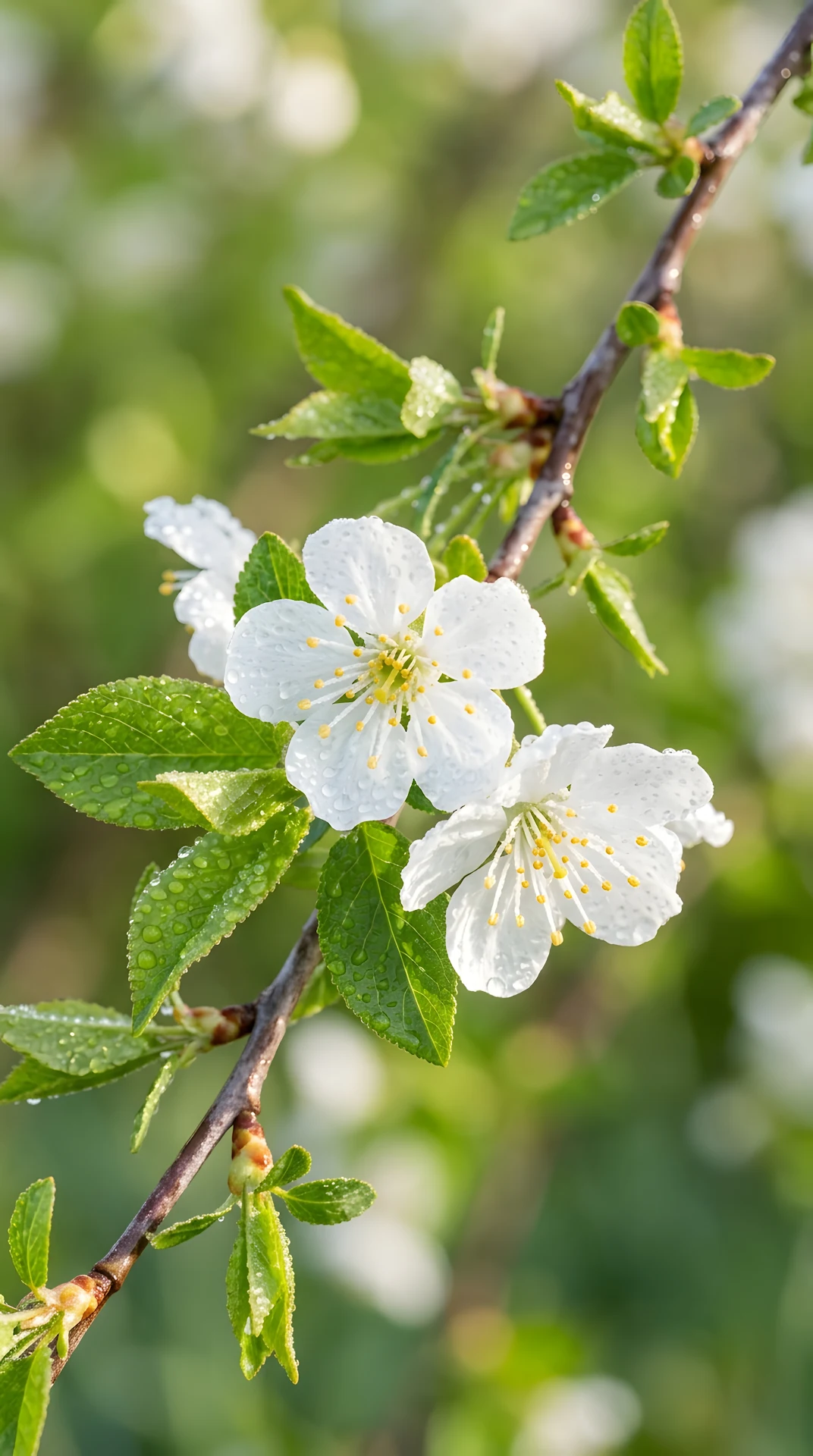 Macro Photography of White Cherry Blossoms with Dew Drops - Free 4K mobile Wallpaper